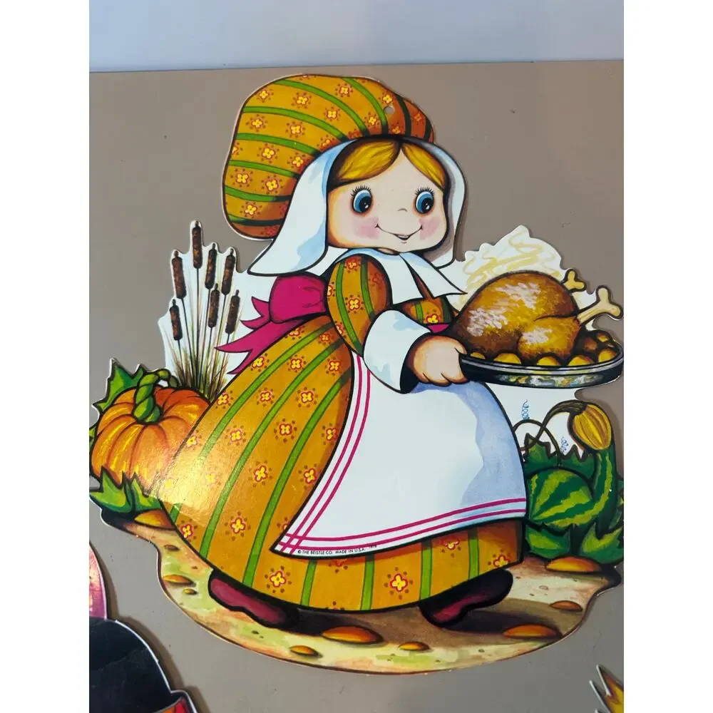 Lot of 3 Thanksgiving Die Cut Window Decorations Pilgrim Indian Beistle 1978